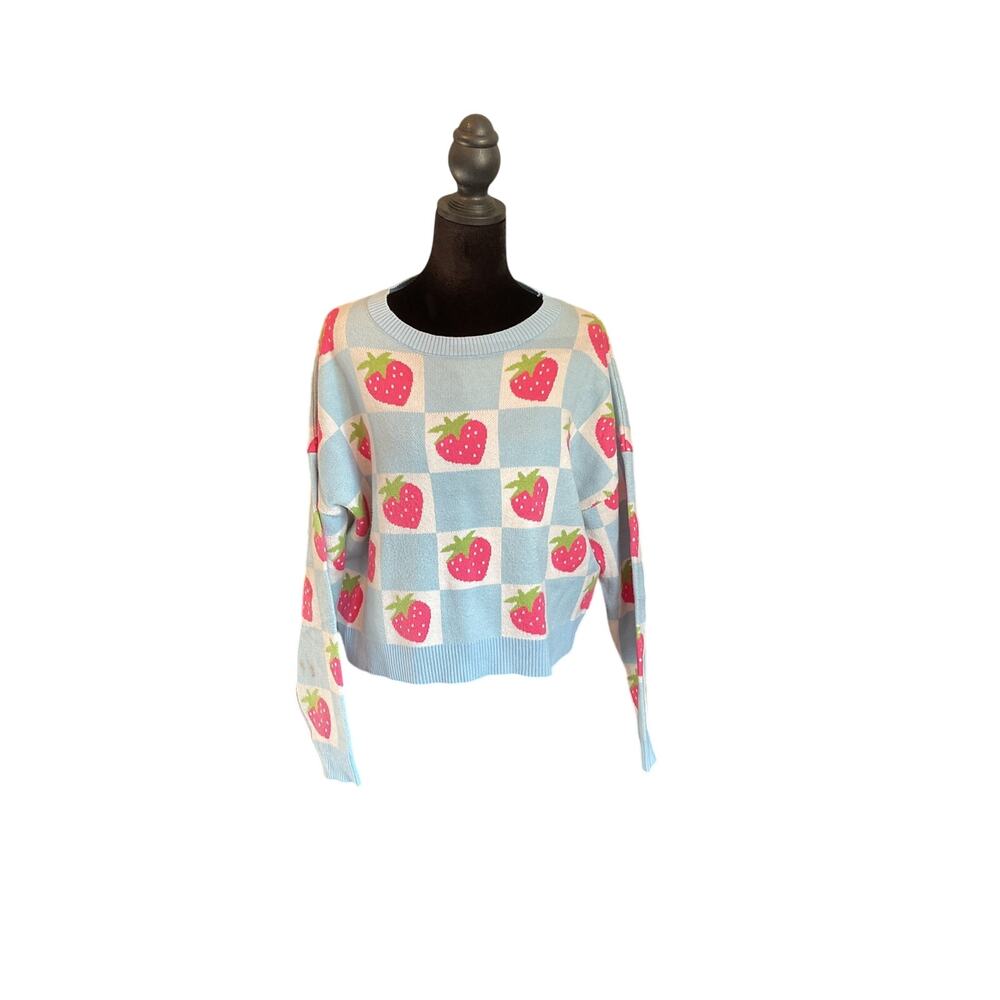 Luna Ivy Strawberry Checkered Pullover Knit Sweater Size L Viscose Coquette Top